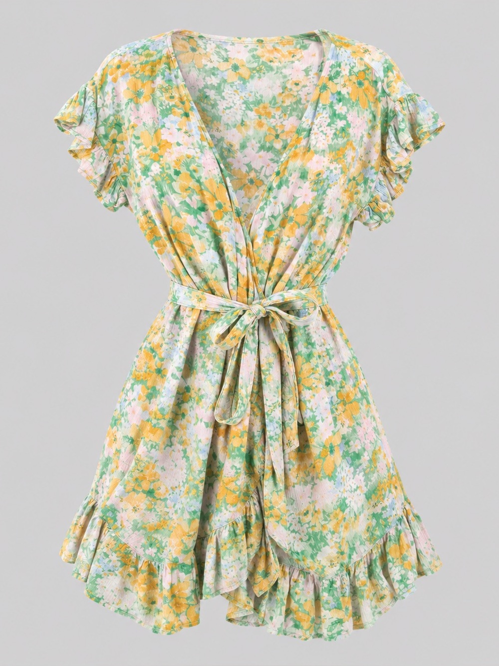 Billabong Floral Ruffle Wrap Mini Dress Medium Green Yellow Pink Cottagecore